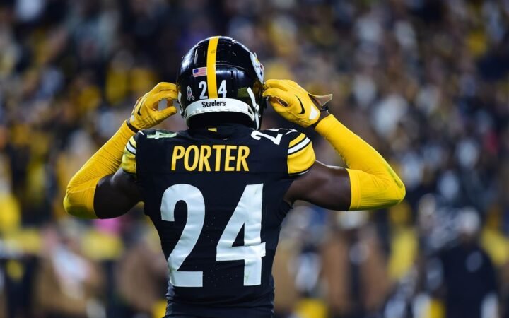 The back of Pittsburgh Steelers' Joey Porter Jr, with his number 24 clearly visable in the black jersey