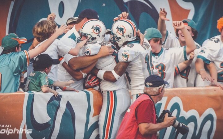 Miami Dolphins players celebrate in front of fans