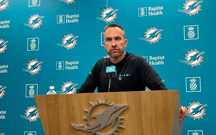 Miami Dolphins head coach Jeff Hafley at the podium for a press conference