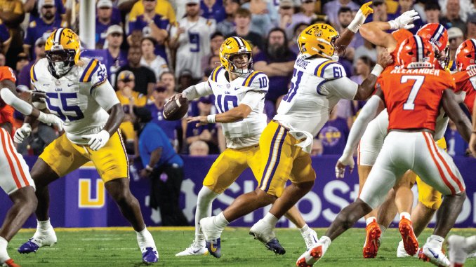 LSU quarterback Sam Leavitt throws the ball against Clemson