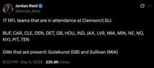 ESPN Draft analyst Jordan Reid tweets about the 17 teams in attendance for LSU v Clemson